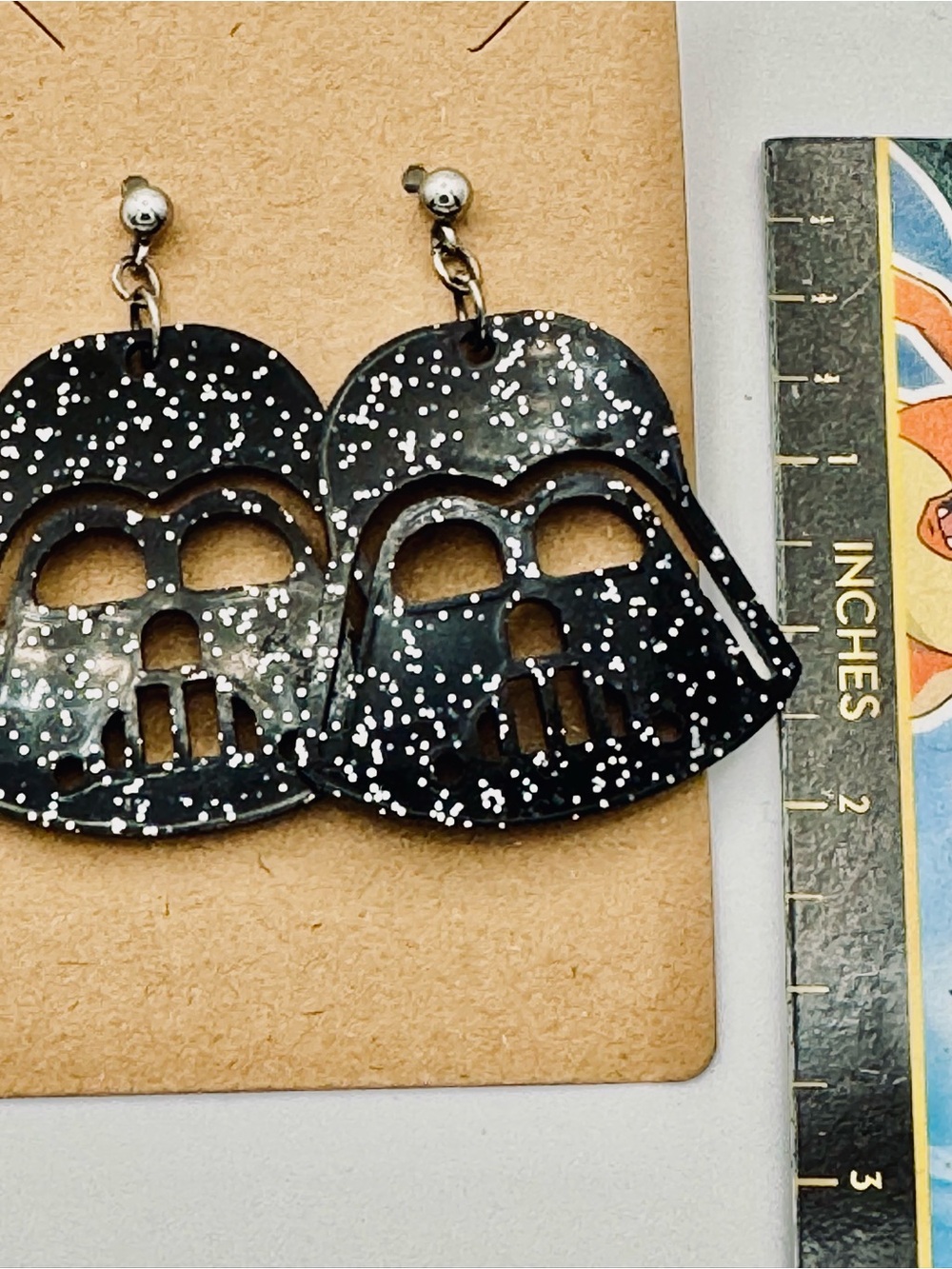 Black Glitter Darth Vader Style Drop Earrings - Picture 3 of 9